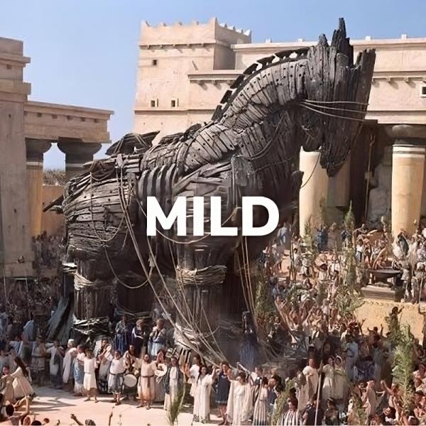 A painting of the Trojan Horse entering the city of Troy with the word MILD superimposed upon the horse in bold white text