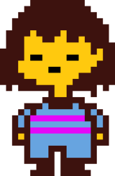 A pixelated sprite of the character Frisk from Undertale with an expressionless face. They have medium-length hair that falls between their jawline and shoulders, dark yellow skin, and are wearing a blue shirt with two pink stripes and matching blue pants