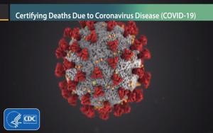 The thumbnail of a CDC video on certifying deaths due to COVID-19, shown as the title, with a close-up of a model of a SARS-CoV-2 virus